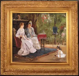 Antiguo arte & Crafts Marco de pintura al óleo dorado y madera, pinturas al óleo de escena de jardín de estilo francés