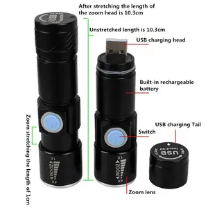 Fábrica al por mayor mini linterna recargable del Foco Ajustable de Zoom Mini USB LED de Luz de flash