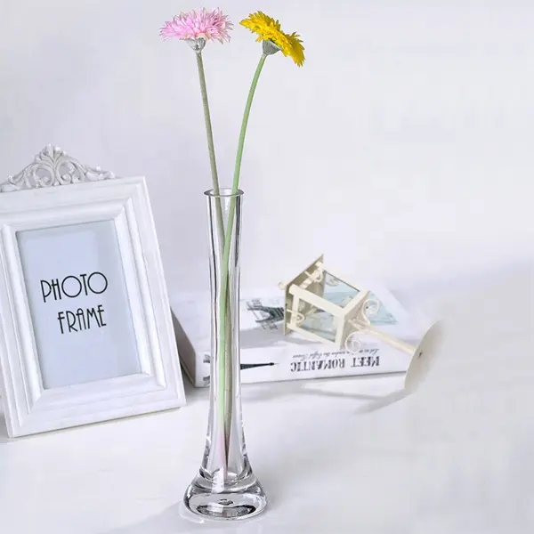 卸売ロングネック1つの花ガラススリム花瓶、背の高い透明ガラス花瓶、モダンイベント花瓶装飾アイデア