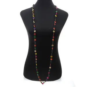 Collar largo étnico hecho a mano para mujer, con conchas de coco, hecho a mano, cuentas redondas de madera Multicolor, joyería