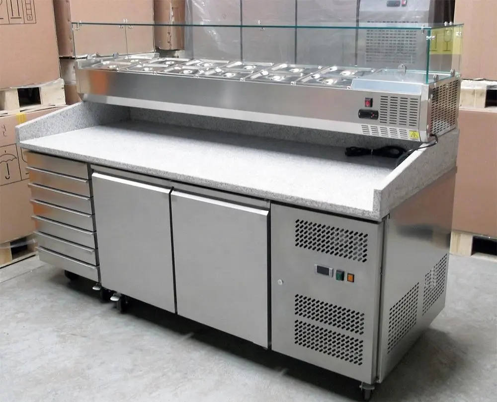 卸売プロフェッショナルステンレス鋼ピザプレップテーブル冷蔵庫/冷蔵ピザカウンターチラー