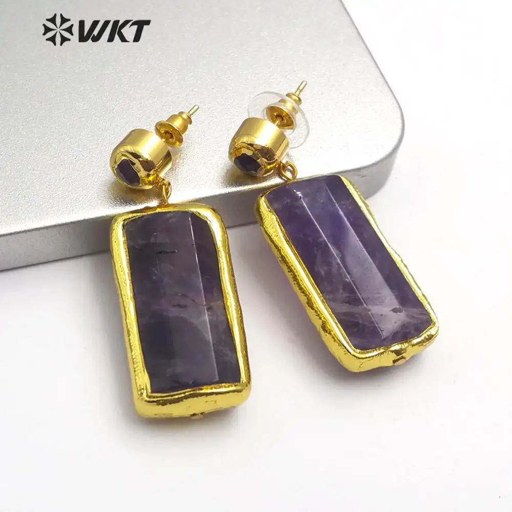 WT-E546 Anggur Batu Ametis Rose Crystal Anting-Anting Bentuk Persegi Panjang Permata Mengiris dengan Emas Disadur Fashion Wanita Anting-Anting Perhiasan