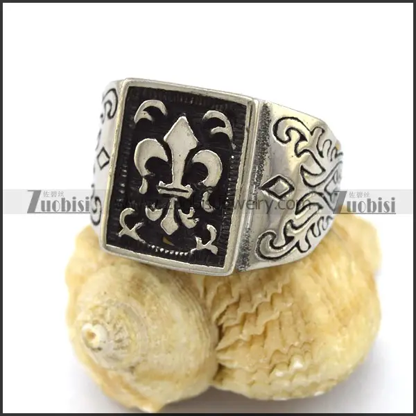 Vintage Bijoux En Argent Gravé Fleur de Lys Noircir Bague Chevalière Carrée avec Vignes Motif