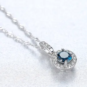 Silver 925 Necklace CZCITY Colorful Created Gemstone Pendant 925 Sterling Silver Round Tiny CZ Paved Pendant Women's Necklace Jewelry