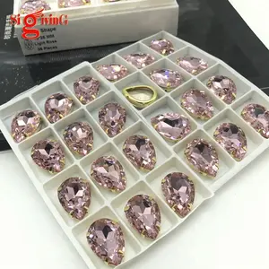 18*25mm Fancy Glass Beads Pearshape Teardrop pink Color golden Setting Sew on Stone for Decoration