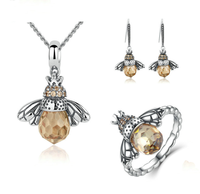 Personnalisé 925 argent sterling aile animal breloques abeille bague et boucles d'oreilles pendentif collier pour les femmes ensemble de bijoux fabrication