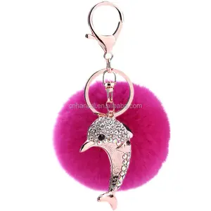 Korea Plush Fur Ball Pompom Keychain Car Pendant Ornaments Animal Crystal Rhinestone Dolphin Fashion Lady Bag Accessories