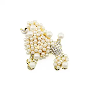 Gold plated dog brooch enamel pearl rhinestone animal poodle dog brooch pin