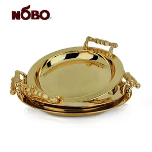 Hot sale luxury decorative stainless steel copper gold plate round metal serving tray with handles