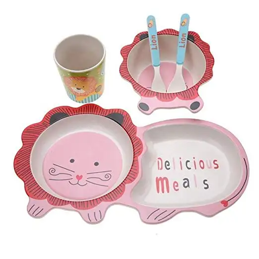 Cartoon Baby Dishes Set Bamboo Fiber Lion Bowl Cup Plates Sets Toddler Children Tableware Dinnerware