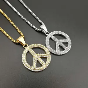 18K Gold Plated Bling Crystal Diamonds Peace Sign Pendant Men's Jewellery Hiphop Necklace