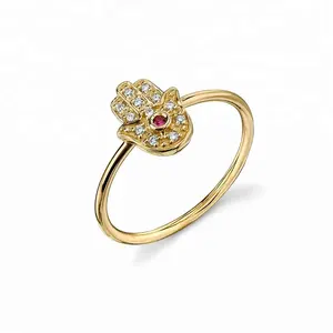 Cincin Tangan Hamsa Emas Berlian Batu Mikro, Perhiasan Halus dengan Ruby