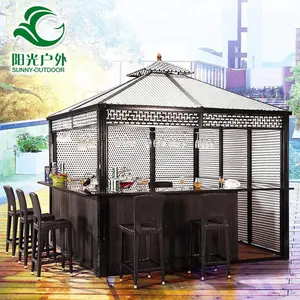 Gazebo banhão exterior 3x3m, poly rattan, resistente à água, plástico, piso, madeira, jardim, ferro forjado