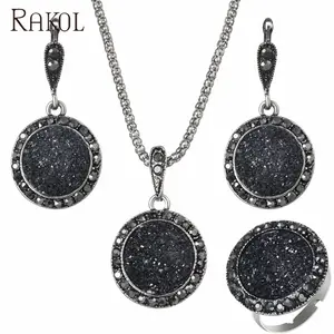 RAKOL AS009 Desain Terbaru 2018 Druzy Bulat Hitam Kristal Liontin Kalung Anting dan Cincin Perhiasan Set