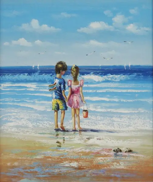 Artwork seascape children love playing on beach canvas oil paintings