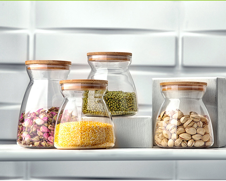 Promotional food grade wood lid candy spice heat resistant storage glass jar