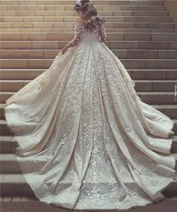 Muslim Wedding Dress Luxury Beading Lace Bridal Dresses Long Sleeve Vestidos Boat Collar Wedding Gowns With Cathedral Train