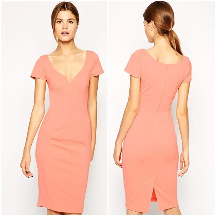 Dress made in china hot selling fashion style office dress pencil women casual dresses with deep v-neck