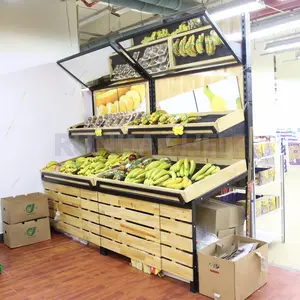 Soporte de madera para exhibir vegetales, estante de acero para exhibición de frutas y verduras