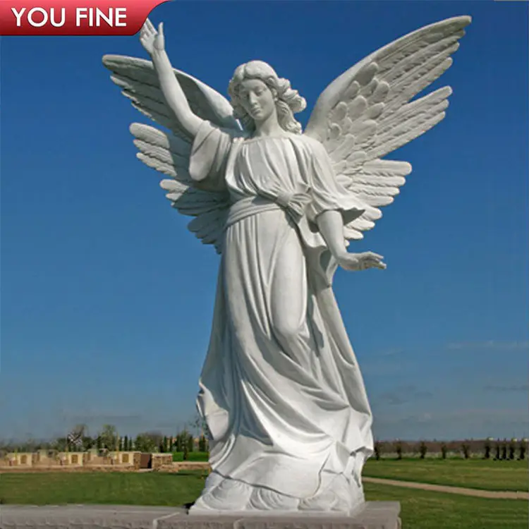 Large Outdoor Garden Hand Carved Natural Stone Wings Sculpture White Marble Angel Statue