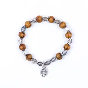 Handmade Pine Wood Catholic Bracelets St Miraculous Medals Bracelet