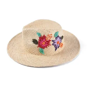 Chapéu de palha natural bordado, estampa de panamá, nova, verão, 2019