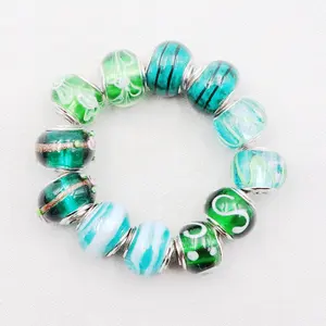 Wholesale Green Series Rondelle Metal Core Charms Murano Lampwork Glass Big Hole Beads for European Charm Bracelet