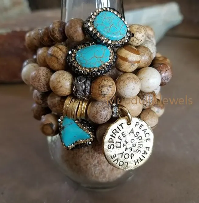 BM25172 Beautiful Picture Jasper Bead Bracelet Set, Picture Jasper Bracelet With Turquoise Rhinestone Edge And Letter Slice