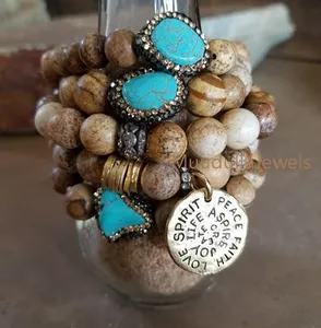 5 bracelets de perles jaspe BM25172, ensemble de bracelets, de perles de jaspe avec bord de strass turquoises et tranche de lettre