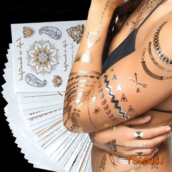Corpo tatuagem temporária adesivos, metálico pena etiqueta do tatuagem, etiqueta de ouro à prova d' água etiqueta do tatuagem