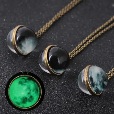 Full Moon Necklace Retro Double-sided Planet Handmade Luminous Moon Pendant Necklace Statement Space Necklace
