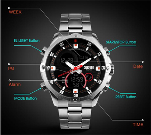 SKMEI 1146 החדש כפול זמן led אנלוגי שעון מעורר שעון יוקרה נירוסטה רצועת גברים 2023 עמיד למים קוורץ הדיגיטלי שעון - Product Image 5