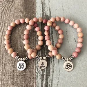 SN1515 Set hadiah Yoga meditasi Rhodonite perhiasan pesona OM Lotus budhist batu tenaga Buddha dari 3 Gelang