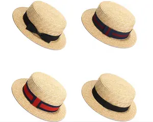 Sombrero de paja de trigo Flat Top Boater con banda a rayas Unisex Adultos Deportes Sombrero para el sol Cinta natural Cuerda Sombreros de fiesta de té Vida diaria