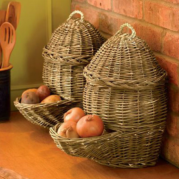 Cesto Portafrutta Da Parete E Banco Con Coperchio In Legno - Organizer Da Cucina In Acciaio Per Frutta E Verdura 30x20x21,6 Cm - 2