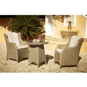 Poly Rattan Woven Country Style Patio Outdoor Garden Bar Furniture Wicker High Back Chairs Round Fancy Tea Table Set