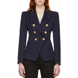 Blazer Formal de manga larga para mujer, chaqueta ajustada de cintura azul marino con seis botones, OEM