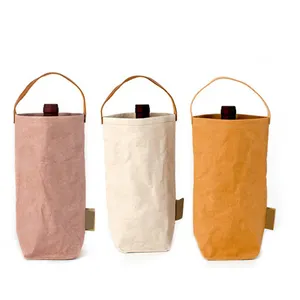 Papier Stof Wasbaar Wijn Tas Met Lederen Handvat, Eco Textuur Wasbare Papier Stof Wijn Verpakking Zak