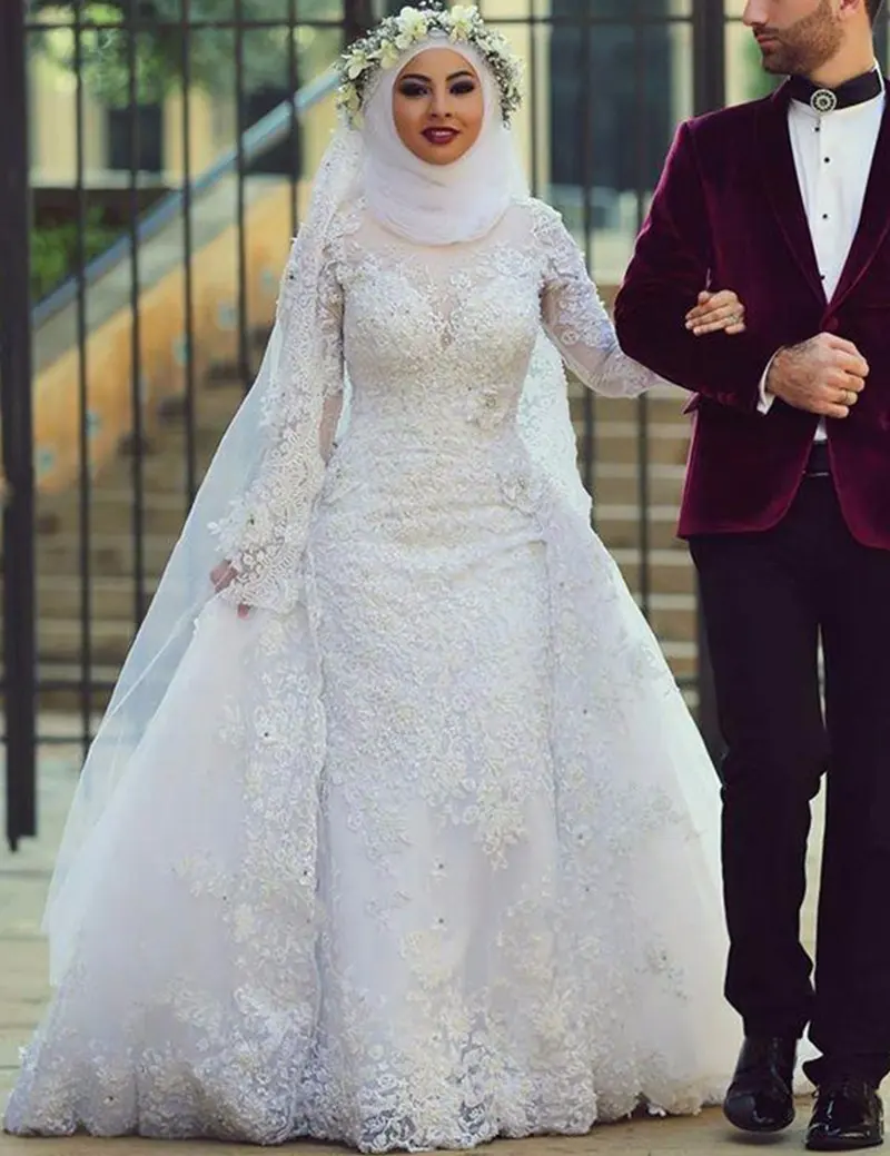5063 # nuovo Design manica lunga pizzo Applique musulmano bianco lusso Hijab sirena abito da sposa abito da ballo con treno staccabile