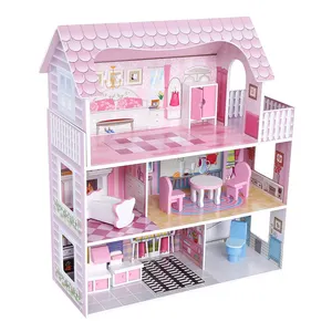 Vendita calda nuovo Design ragazze rosa fai da te mobili da gioco in legno grandi kit casa delle bambole casa delle bambole in miniatura