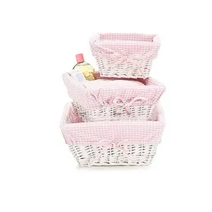 Panier en osier blanc de haute qualité, avec doublure rose rectangulaire