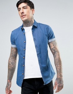 Nuova <span class=keywords><strong>Camicia</strong></span> in Denim Morbido KY per Uomo, Colletto Aperto, Abbottonatura Frontale, Manica Corta, Lavaggio Blu Medio, Vestibilità Aderente Elasticizzata - Product Image 3