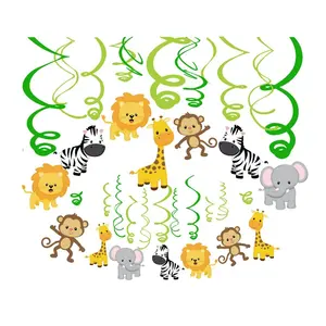 YISHU jungle party decorations cute animal design PVC hanging swirls 30Cts for safari kids birthday party supplies