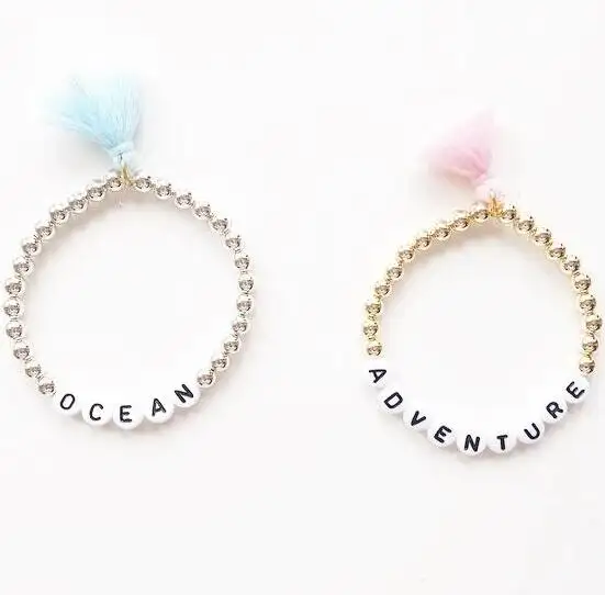 Bulk Cheap Custom Name Bracelet Initial Letter Engraved plastic Charms Ball Chain Beads Bracelet with Tassel