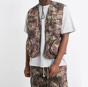 Mode Groothandel Custom Logo Hoge Kwaliteit Man Leaf Print Utility Gilet Vest Met Zakken