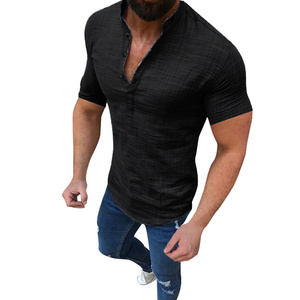 Nuovi Uomini di Estate del Cotone di Modo di <span class=keywords><strong>Lino</strong></span> Camicia Button-down Manica Corta Collare Del Mandarino Vestiti di Colore Solido Casuale Top - Product Image 2