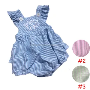 Wholesale Baby Clothing Summer Monogram Blue Seersucker Ruffle Toddler Baby Bubble Romper