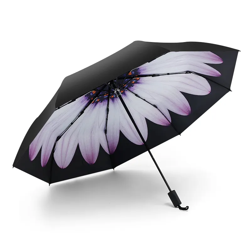 Payung Matahari 3 Lipat Pribadi, Motif Bunga Wanita, Lem Hitam Perlindungan UV