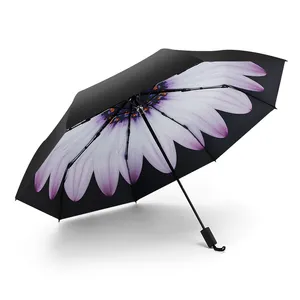 女士花打印个人 3 折叠黑色胶水紫外线保护太阳伞