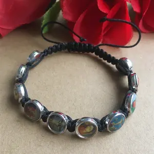 metal alloy bead pave setting rosary bracelet, catholic saints, black rope bracelets